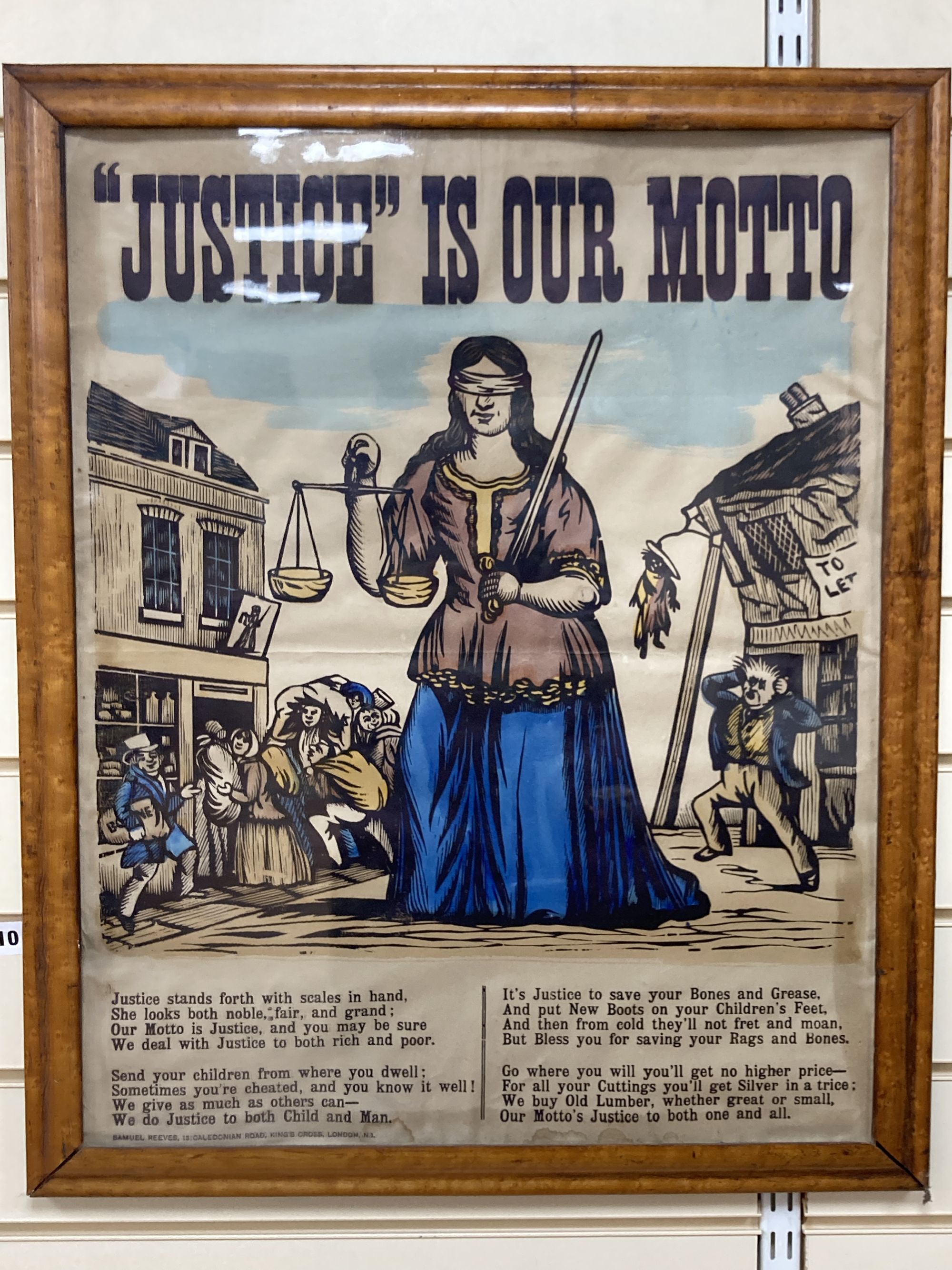 Samuel Reeves Publ., hand coloured poster, Justice is our motto, 62 x 50cm, maple framed